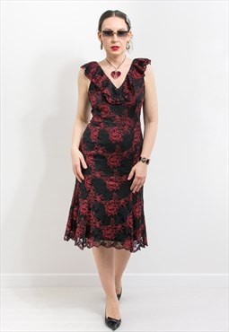 Floral dress roses flamenco Vintage spanish style women M