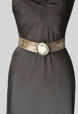 80's Vintage Western Brown Leather Metal Heart Belt