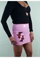 PINK LEATHER HIGH WAIST WET LOOK FLORAL EMBROIDERED SKIRT