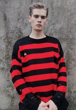 Red black horizontal stripe sweater ripped grunge sweatshirt