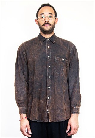 90S LUXURY ACID WASH BLACK LINEN BLEND SHIRT LARGE
