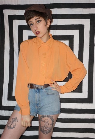 VINTAGE 80'S PEACHY ORANGE EMBROIDERED BLOUSE
