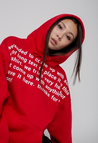 RED OVERSIZED FLEECE HOODY WITH TEXT SLOGAN