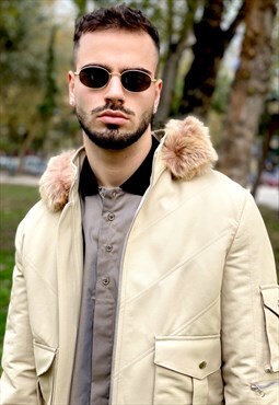 Vintage 90's Beige Bomber Jacket with Removable Hoodie