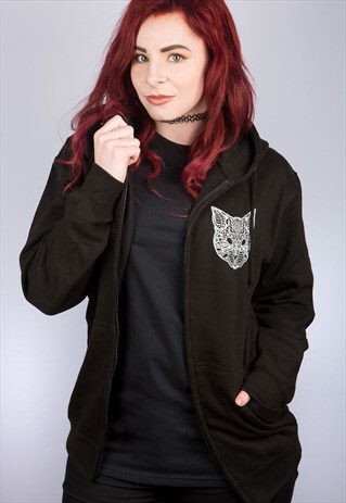 CAT MANDALA BLACK ZIP HOODIE