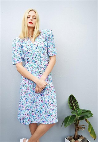 80'S RETRO FLORAL PRINT SHIMMER ELEGANT MIDI DRESS