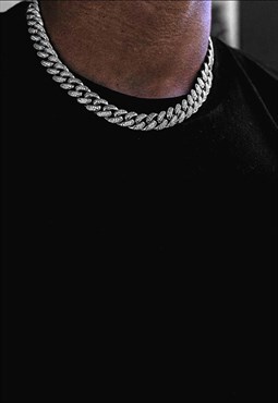 8mm 24" Diamond Iced Diamond Curb Necklace Chain - Silver