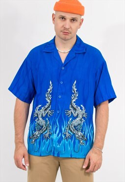 Vintage 90s shirt in blue with dragon in flames print