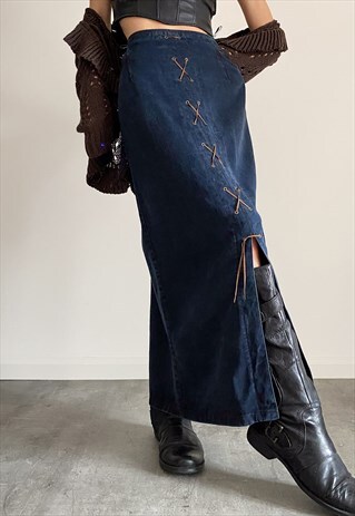 Vintage Y2K 00s navy maxi denim skirt with lace-up front