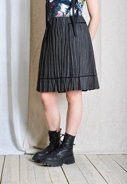 Y2K Dark Grey Grunge Crinkled Pleated Womens Midi Skirt