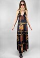 REVIVAL 70'S DRESS BLACK ORANGE RETRO PRINT HALTER NECK MAXI