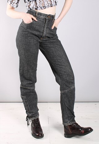 VINTAGE 80S BLACK DENIM HIGH WAISTED LACE UP JEANS