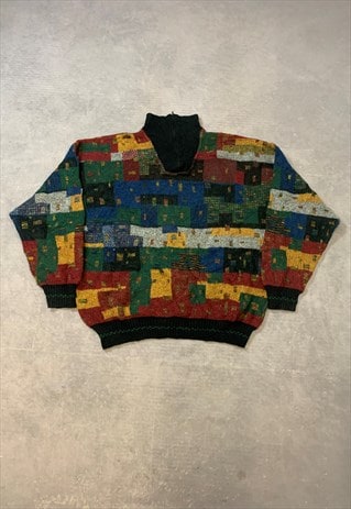 VINTAGE KNITTED JUMPER ABSTRACT PATTERNED GRANDAD SWEATER