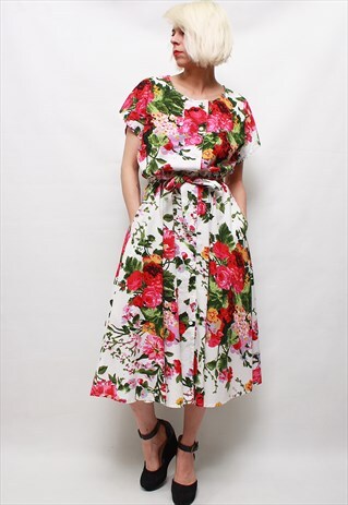 VINTAGE 60'S BEAUTIFUL CUTE WHITE FLOWER MIDI DRESS