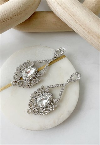 SILVER DIAMANTE DROP DIAMOND CHANDELIER ANTIQUE EARRINGS