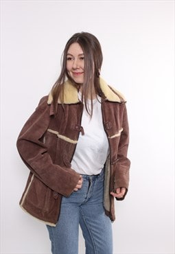 Vintage 90s leather jacket, brown suede sherpa, woman 