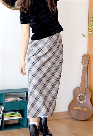 VINTAGE 90S GREY LONG CHECKED SKIRT