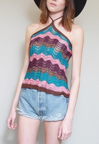 VINTAGE 1970'S MULTI COLOURED STRIPED CROCHET HALTER TOP