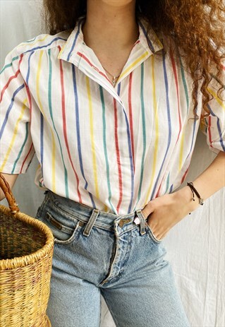 VINTAGE 70S PASTEL STRIPED MILKMAID HAUTE BOHEME BLOUSE TOP