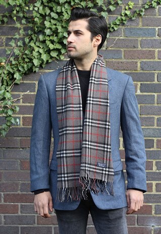 VINTAGE CASHMERE LAMBSWOOL CHECKED SCARF GREY-AS87