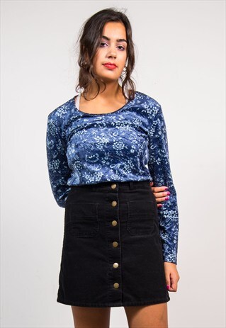 VINTAGE 90'S BLUE FLORAL PATTERN VELVET TOP