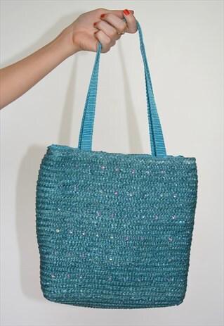 VINTAGE 90S SPARKLY TURQUOISE WICKER STRAW BASKET BAG