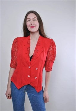 Vintage evening lace short sleeve red blouse