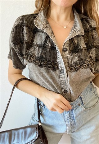 VINTAGE 80S EMBELLISHED STONEWASH UNISEX SHIRT BLOUSE TOP