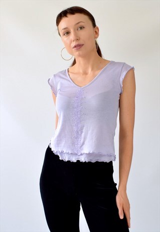 VINTAGE Y2K 90S LILAC LETTUCE HEM DIAMANTE TOP