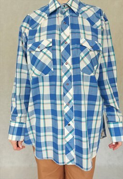 Vintage Wrangler Blue Mens Shirt, 90s Mens Blue White Plaid 