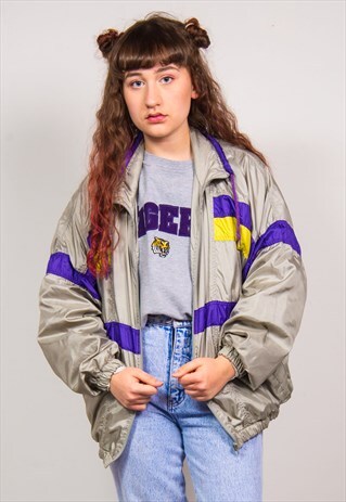 VINTAGE 90'S GREY STRIPED SHELL TRACKSUIT JACKET