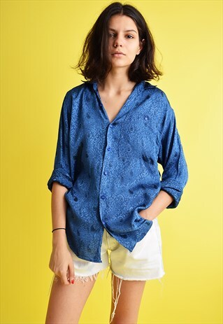 80'S RETRO SHIMMER PAISLEY PATTERN BLUE MINIMALIST SHIRT
