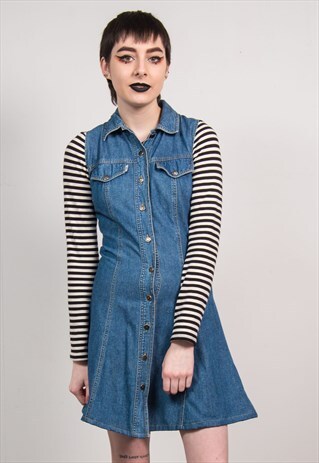 VINTAGE 90'S BLUE DENIM SLEEVELESS SHIRT MINI DRESS