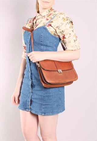 VINTAGE 80S TAN LEATHER SATCHEL CROSS BODY BAG