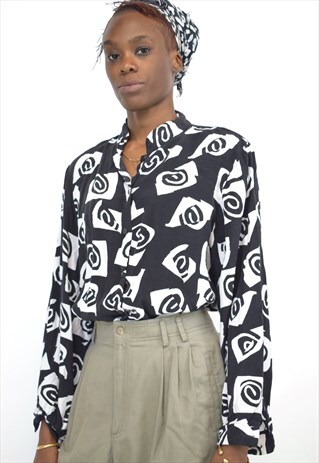 VINTAGE 90S BLACK WHITE SWIRL PRINT SHIRT
