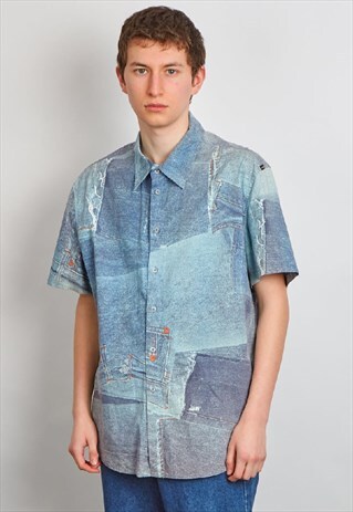RARE VINTAGE 90'S CAVALLI BLUE DENIM PRINT SHIRT