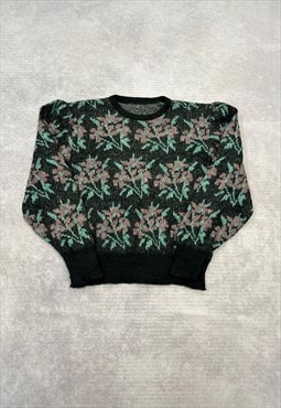 Vintage Knitted Jumper Abstract Flower Patterned Knit 