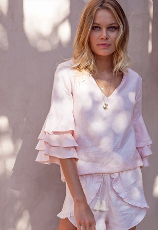 PALM COLLECTIVE LINEN TOP WITH BELL SLEEVES IN PALE PINK