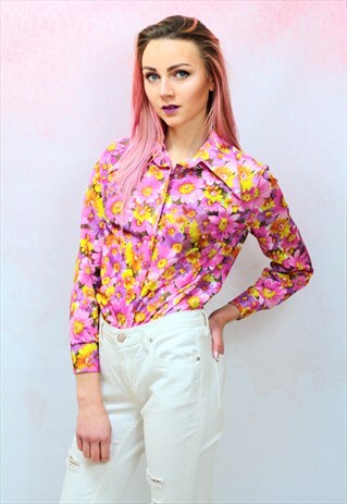 1970S VINTAGE PINK AND YELLOW FLORAL BLOUSE