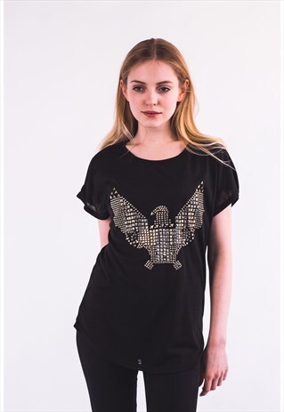 SHORT SLEEVE T SHIRT WITH GOLD GEOMETRIC EAGLE DESIGN BLACK