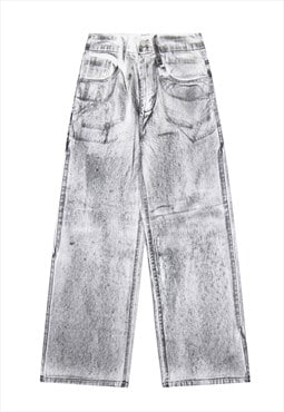 White oil wash jeans dirty denim trouser bleached rave pants