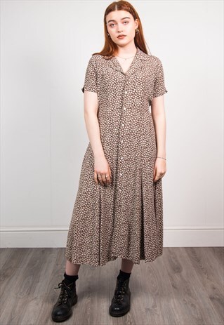 VINTAGE 90'S BROWN FLORAL SHORT SLEEVE MIDI DRESS