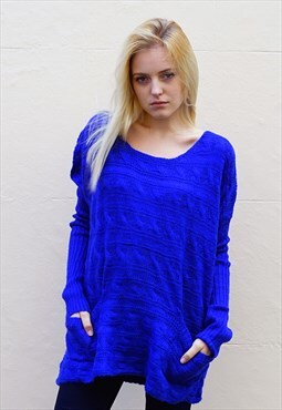 Knitted plain color long & oversize jumper in royal blue