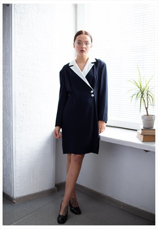VINTAGE 80'S NAVY WHITE COLLAR LONG SLEEVED MINI DRESS