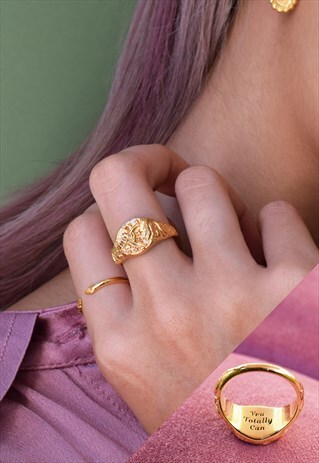 GOLD PERSONALISED SIGNET RING WITH MOON AND STARS HANDMADE