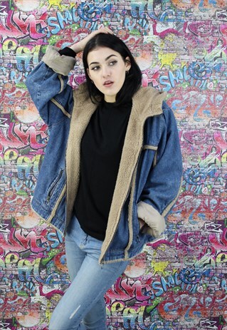 VINTAGE 80S LIGHT BLUE SHERPA FLEECE LINED DENIM JACKET.
