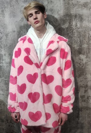 HEART FLEECE JACKET HAND MADE FAUXFUR HEART TRENCH COAT PINK