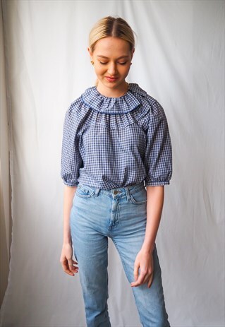 VINTAGE BLUE GINGHAM BALLOON SLEEVE BLOUSE