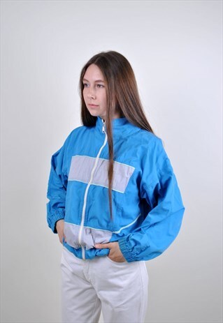 90S BLUE STRIPED WINDBREAKER, HIGH NECK RAVE SPORT JACKET,