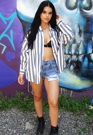 BLACK AND WHITE COTTON STRIPED BOYFRIEND STYLE SHIRT